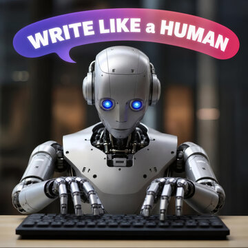 futuristic robot typing write like a human silver metallic cyborg with glowing blue eyes sci fi tech concept cyberpunk ai professional modern technology digital writing assistant artificial intelligen