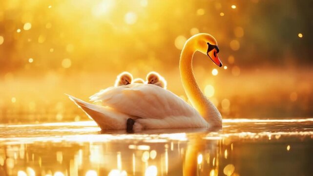 Tranquil swan and cygnets at sunrise on glittering lake. Mother's Day, Mothering Sunday, Dia de la Madre - Global Maternal Celebration, Worldwide Family Holiday