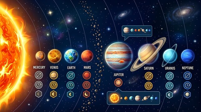 Solar system infographic with sun planets and astronomical symbols