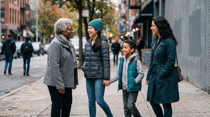 Fototapeta premium Multigenerational family walking on city sidewalk, diverse group of women and child talking outdoors, urban lifestyle and autumn fashion, candid street photography