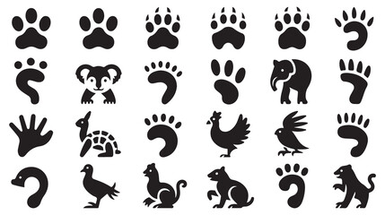 Fototapeta premium Collection of black featuring various animal footprints, silhouettes of mammals, birds, and reptiles