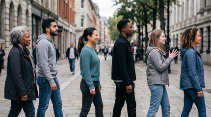 Obraz premium Diverse group of people walking in profile, multicultural men and women on city street, urban lifestyle and community concept, side view of people in casual clothing