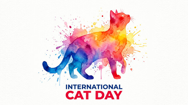 Colorful watercolor cat silhouette celebrating international cat day