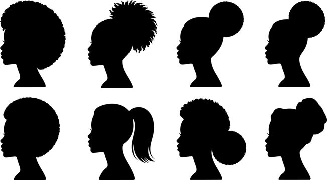 Set of eight black silhouette profiles of women with different hairstyles facing left side