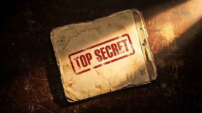 Weathered top secret manila folder with red stamp on dark desk under dramatic light beam representing historical government documents and classified intelligence