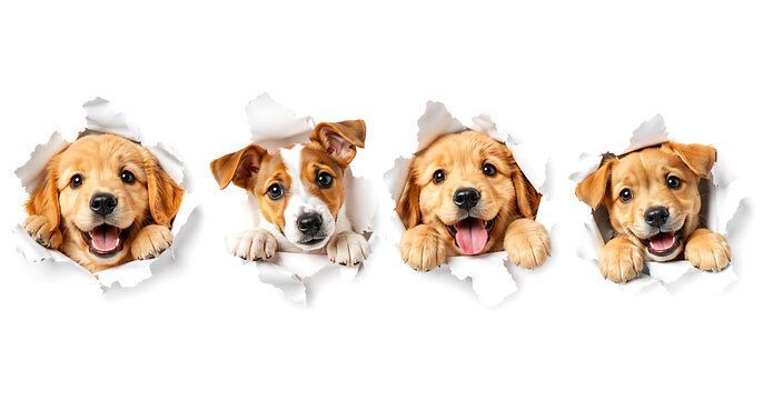 Cute puppies peeking and ripping through torn paper holes isolated on a white background
