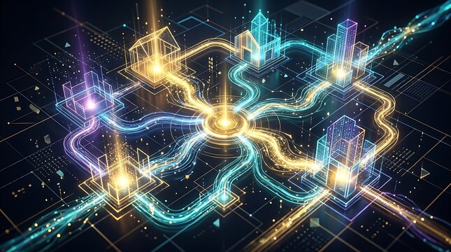 Futuristic smart city network connecting digital buildings