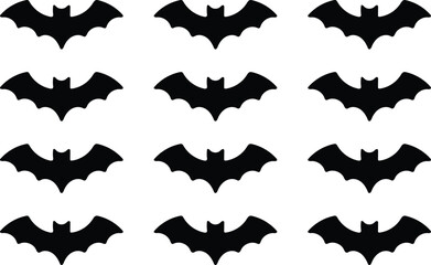 Fototapeta premium Twelve uniform black bat silhouettes in a flying pose arranged in a grid isolated on a white background, for halloween projects