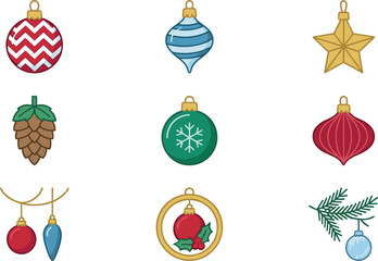 Obraz premium Christmas Ornament Icon Set with Holiday Baubles, Star, Pinecone, Snowflake, Garland, Bell, Pine Branch, and Festive Vector Collection