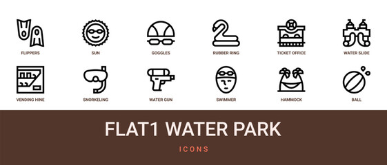 Set of 12 outline web Flat1 Water Park icons such as ball, hammock, swimmer, water gun, snorkeling, vending hine, water slide vector icons for report, presentation, diagram, web design, mobile app © Lukas