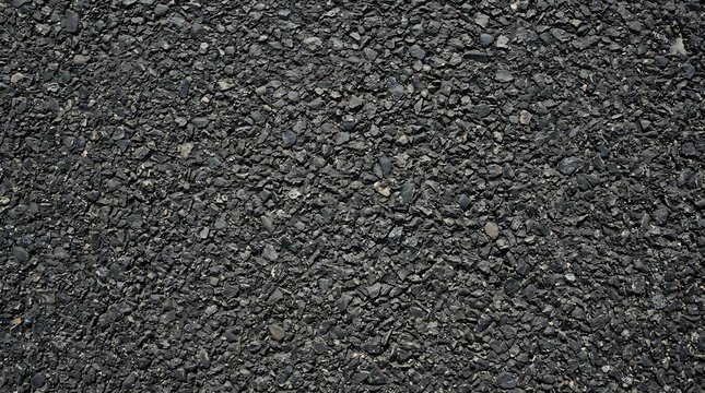 Detailed texture of coarse black asphalt road surface with small gravel and stone fragments for industrial background and urban construction design projects