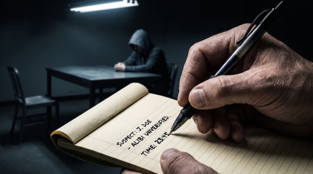 Close up of detective taking notes during interrogation of a hooded suspect in a dark room.