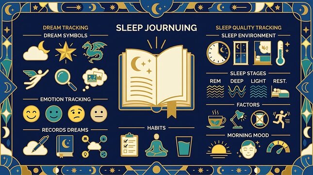 Sleep journaling infographic with dream and emotion tracking icons