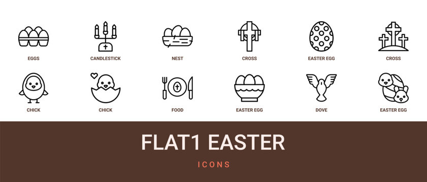 Set of 12 outline web Flat1 Easter icons such as easter egg, dove, easter egg, food, chick, chick, cross vector icons for report, presentation, diagram, web design, mobile app