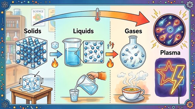 Educational diagram of the four states of matter and phase changes