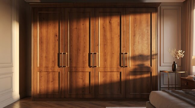 Warm Sunlight Illuminates Elegant Wooden Wardrobe with Decorative Handles.