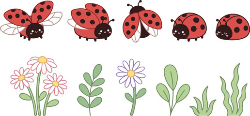Cute ladybug vector collection featuring playful insects, flowers, leafy plants and charming nature themed decorative illustration elements © LaifurRahman