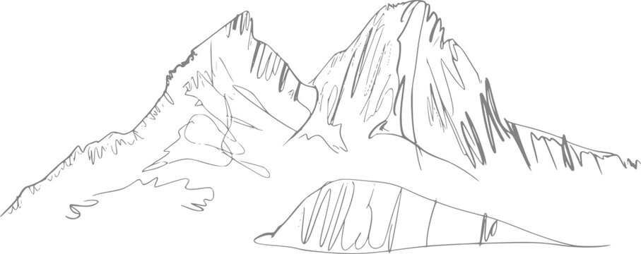 使用するためにきれいな白い背景に孤立した険しい山頂のミニマリストな手書きイラスト