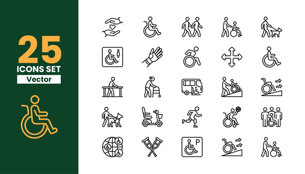 Disability icons set vector collection includes wheelchair user hand sign guide dog bus ramp representing accessibility and support for people with special needs.
