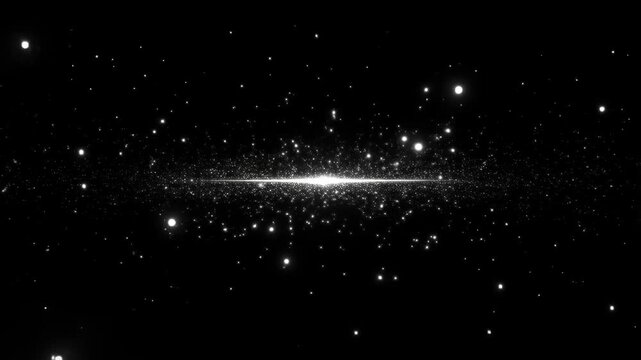 Slow motion shot of glowing particles and stars flying towards camera in deep space