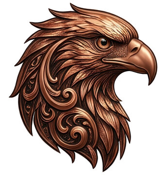 A stylized, metallic copper eagle head illustration featuring intricate, swirling filigree and textured plumage patterns.