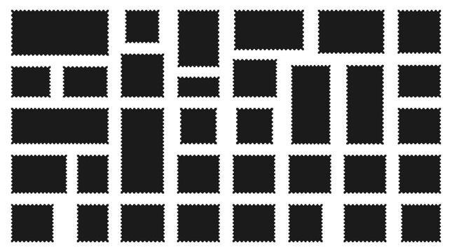 Vintage postage stamp silhouettes set, blank black mail stamp frames with perforated edges, collection of 30 postal mark vector icons for philately