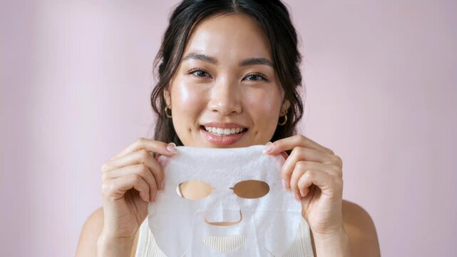 Facial sheet mask skincare routine, woman holding hydrating mask, beauty and wellness, rejuvenating skin treatment, Korean beauty trend, self-care ritual, glowing complexion enhancement