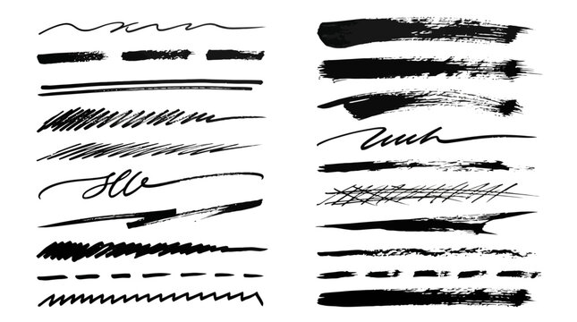 Hand drawn ink brush strokes and pencil scribbles, black paint underline set, artistic charcoal texture line collection for graphic design