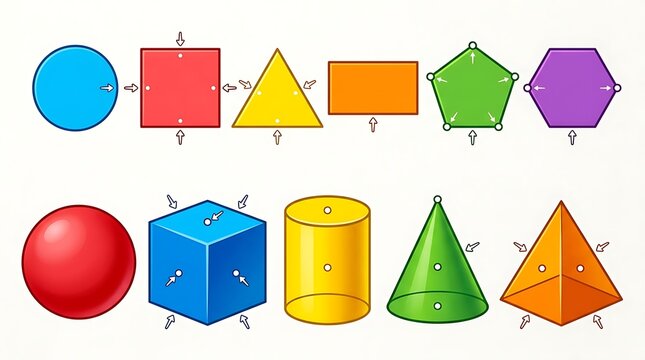 Collection of colorful basic 2d and 3d geometric shapes