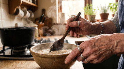 Fototapeta premium Elderly hands stirring ingredients in a ceramic bowl with a wooden spoon in a rustic kitchen.