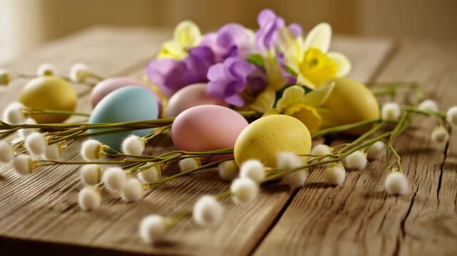 Tracking shot of colorful Easter eggs with spring flowers and pussy willow on wood