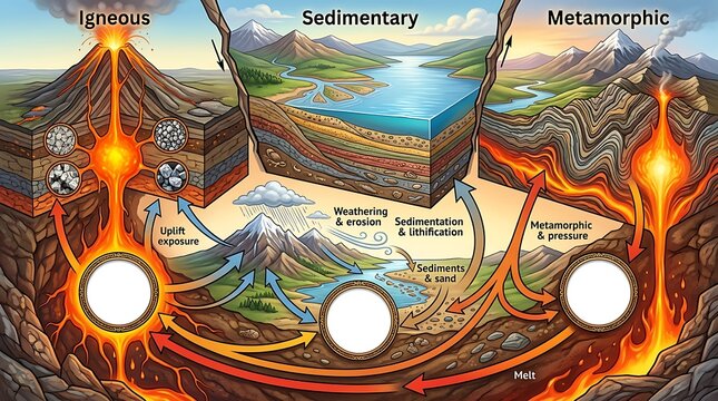 Educational rock cycle diagram showing geological processes