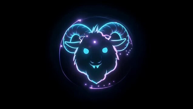 Striking 4K animated graphic featuring a luminous neon outline of a ram s head pulsing with electric light against a dark background perfect for modern digital interfaces astrological concepts and