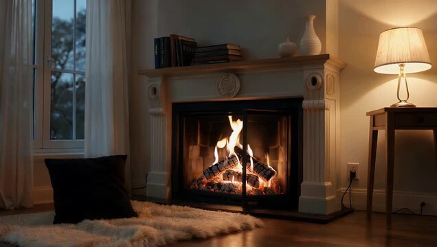 Delightful and relaxing 4K domestic scene capturing burning birch wood logs glowing in a home fireplace filling the living room with comfortable warmth and authentic crackling ASMR sounds for peace