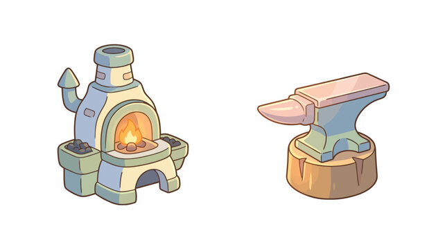 illustration of a wood-fired oven and anvil in a cartoon style, ideal for bakery or craftsmanship themes, versatile for culinary and artisan projects