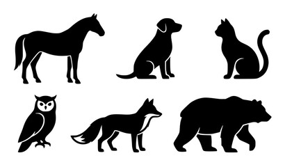 Black Animal Silhouettes Collection Featuring Horse Dog Cat Owl Fox and Bear Wildlife Icons © Kolpona