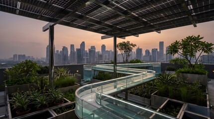 Fototapeta premium Modern Rooftop Oasis with Cityscape: A contemporary rooftop garden features lush greenery, a winding glass walkway, and solar panels.