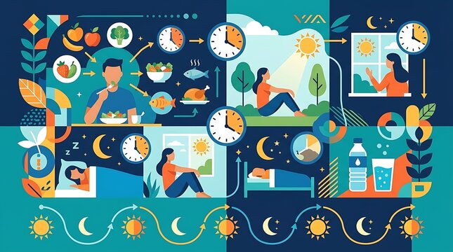Infographic showing a healthy daily routine with nutrition and sleep