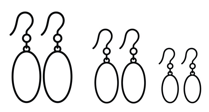 Minimalist earring vector set, black line art jewelry icons, simple oval drop earrings collection for fashion design and retail branding