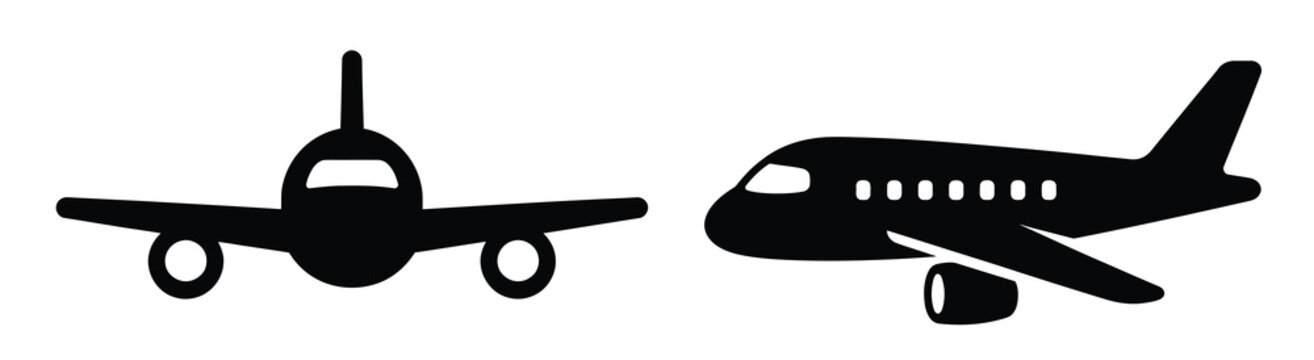 Airplane silhouette icons set, commercial jet plane front and side view vectors, minimalist aviation transport symbols for travel apps and logistics