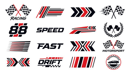 Racing decals and motorsport stickers set, 16 speed graphics with checkered flags and drift typography, automotive vinyl wrap vector elements © FATEMA