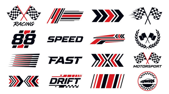 Racing decals and motorsport stickers set, 16 speed graphics with checkered flags and drift typography, automotive vinyl wrap vector elements