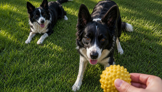 C&atilde;o da ra&ccedil;a border collie brincando na grama em ambiente ao ar livre.