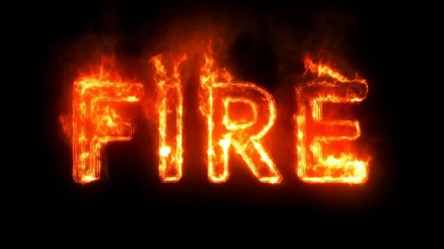 Burning "FIRE" text in flames slowly moving towards camera on black background