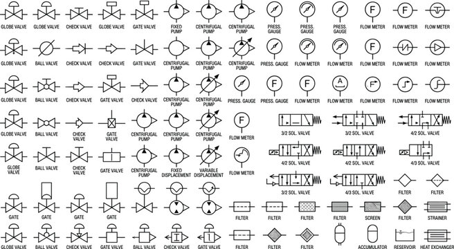 Industrial piping and instrumentation diagram P&ID engineering vector symbols set for schematic blueprints