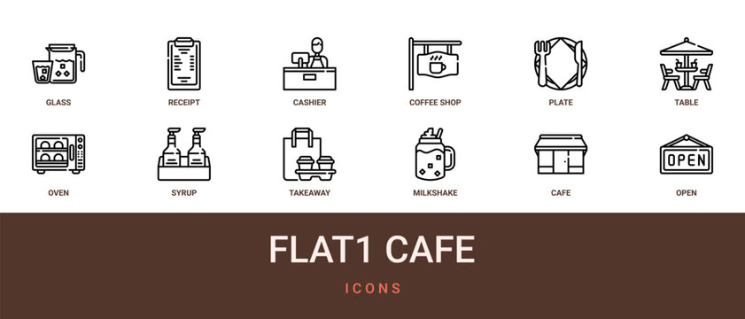 Set of 12 outline web Flat1 Cafe icons such as open, cafe, milkshake, takeaway, syrup, oven, table vector icons for report, presentation, diagram, web design, mobile app