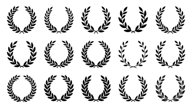 Laurel wreath vector collection, 15 black olive branch symbols for awards and victory, heraldic leaf circular frames for logo design and certificate borders
