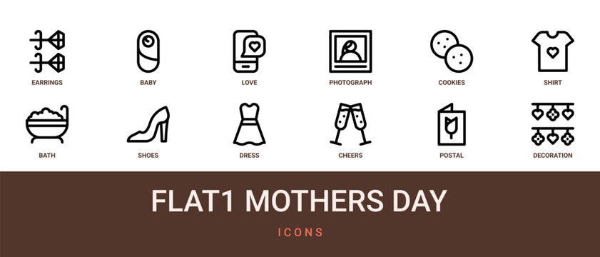 Set of 12 outline web Flat1 Mothers Day icons such as decoration, postal, cheers, dress, shoes, bath, shirt vector icons for report, presentation, diagram, web design, mobile app