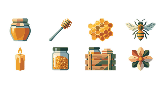 Honeycomb bee products and natural hive scene, including honey jar, honey dipper, beeswax, candle, honeycomb, bee, flowers, honeybee, farm elements, honey storage, hobby beekeeping