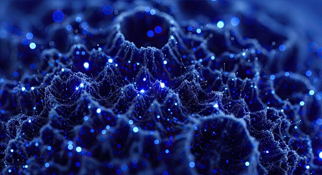 Blue cratered surface with glowing particles